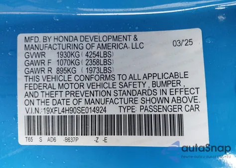 2025 Honda Civic Hybrid Sport Touring from USA, damaged, VIN 19XFL4H90SE014924